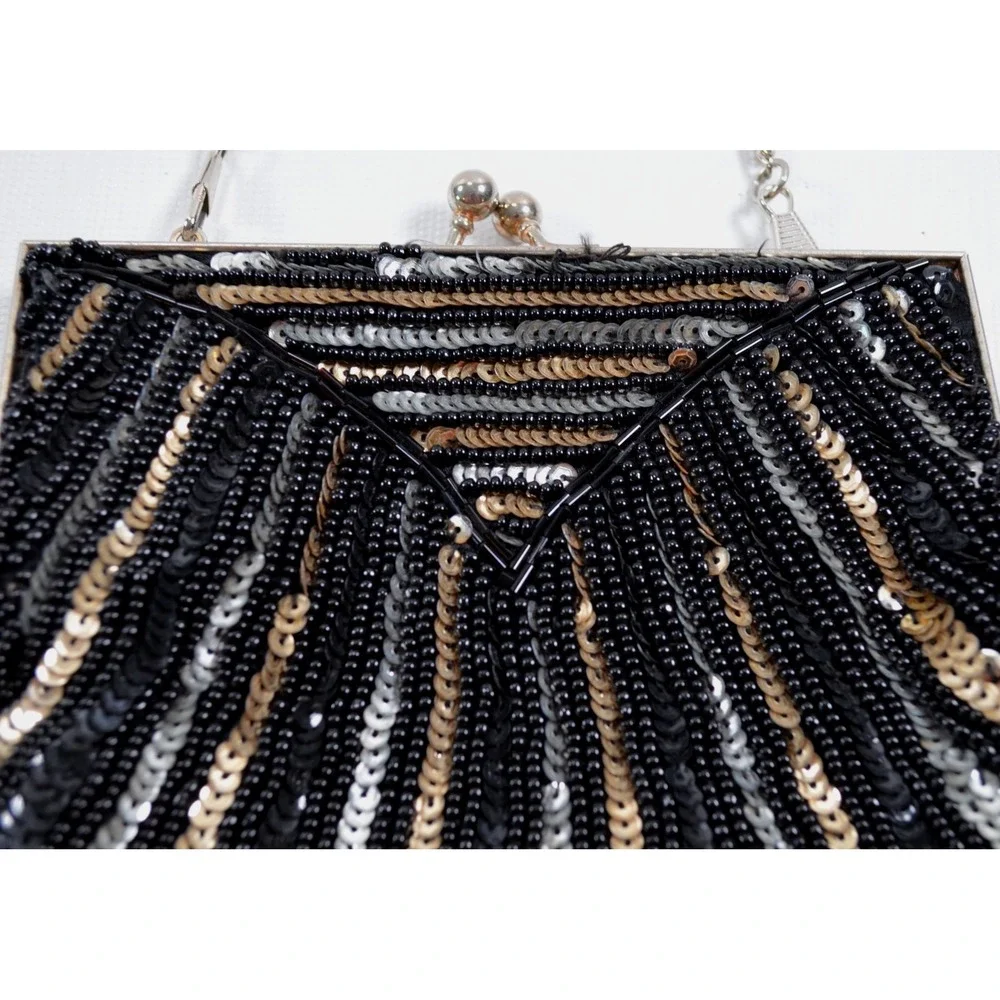 Vtg Gold Silver Sequined Beaded Handbag Purse Evening Purse Handmade Hong Kong